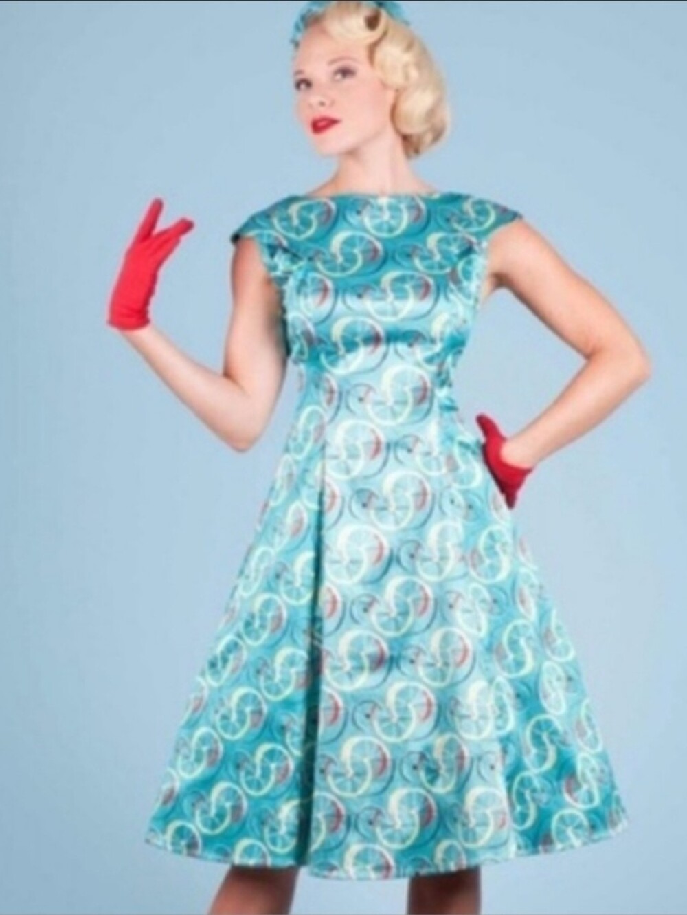 Bettie Page Aqua Swirl Fit-and-Flare Midi Dress with Red Accents Size XXS